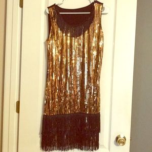Roaring 20s Flapper Dress Tassel Sequin Gold Black